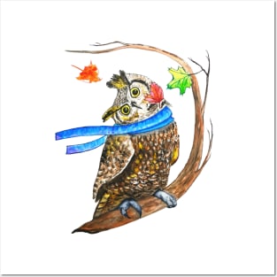 owl on a branch autumn wind Posters and Art